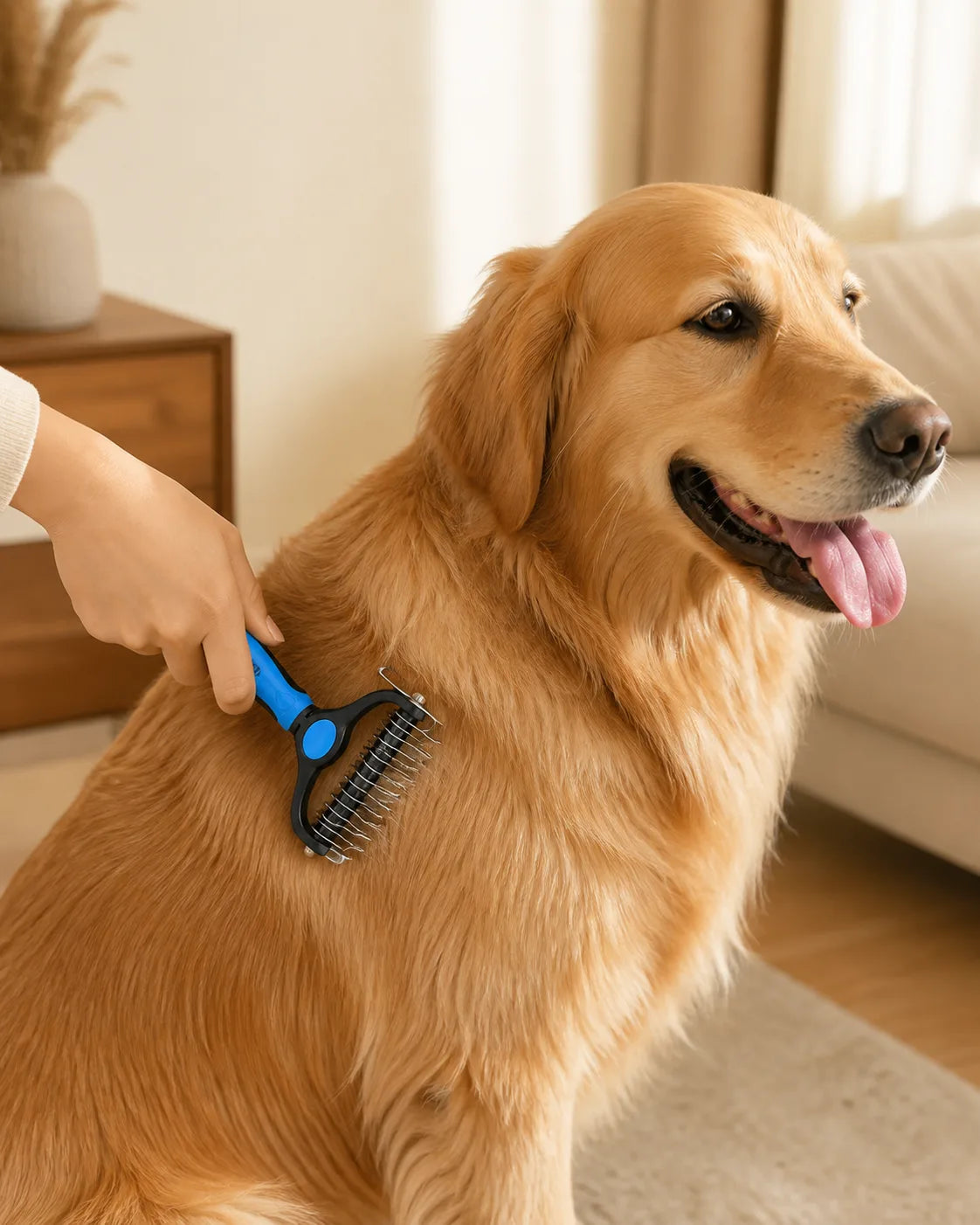 Temsili kullanım görseli: golden retriever tüyleri Patipet tarakla nazikçe taranıyor