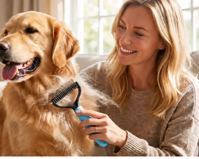 Bir kadın golden retriever köpeğini Patipet tarağıyla tarıyor