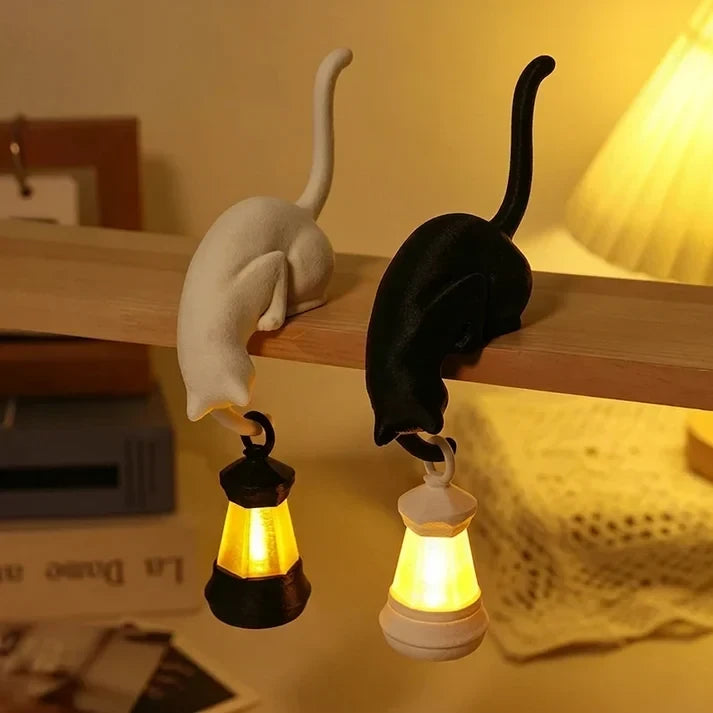 Asılı kedi raf lambası, beyaz ve siyah kedi figürlü, sıcak ışıklı