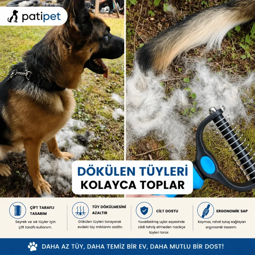 Tarama sonrası toplanan dökülen tüyler ve tarağın yakın çekimi
